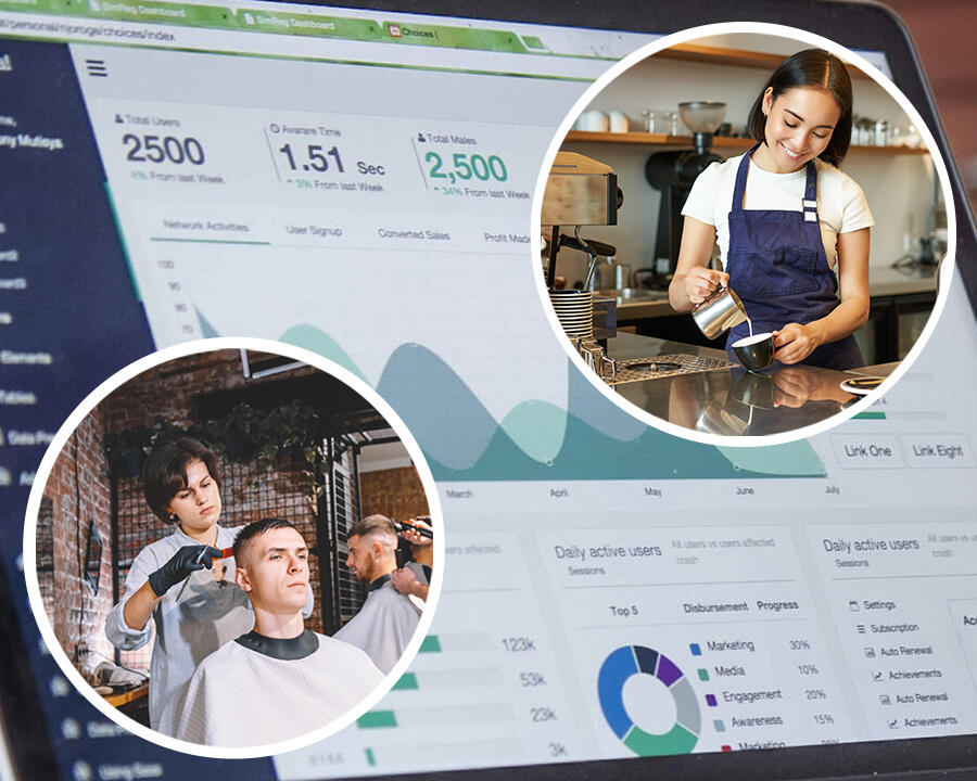 Who We Are Small business coffee shop and barber with financial report background.